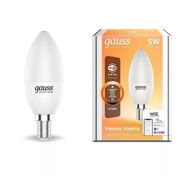 Лампа Gauss Smart Home С37 Е14, 5 Вт, 470ЛМ, 2700-6500К, диммируемая