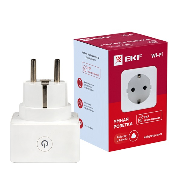 Сетевой переходник (Умная розетка) EKF Home Сonnect Wi-Fi, 16A, 230-250В, IP20, c заземлением, белый